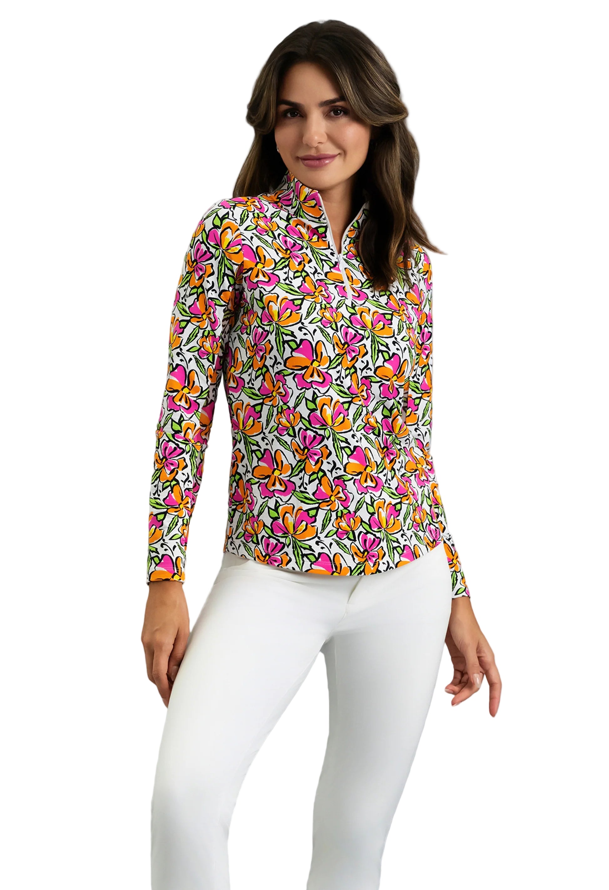 knee length dresses for ladies Ibkul Golf Ladies Color Block Print Long Sleeve Mock Neck Top main image 0