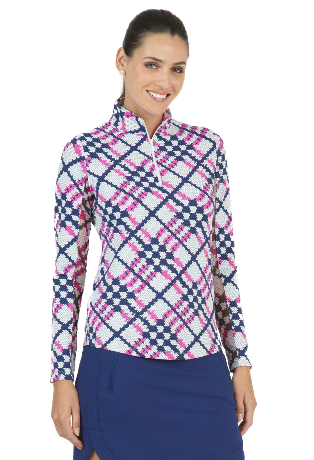 IBKUL- Long Sleeve Sonika Hot Pink/Navy Zip Mock (Style#: 10653)
