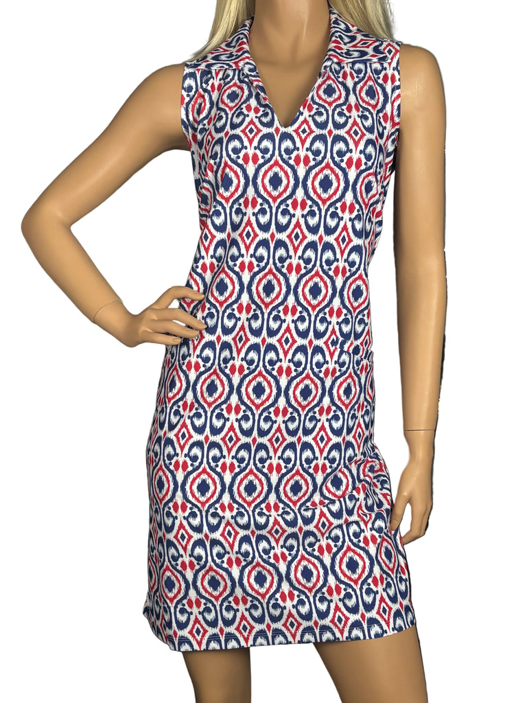 red white and blue dress women Katherine Way- St. Regis Ikat Island Red/White/Blue Dress