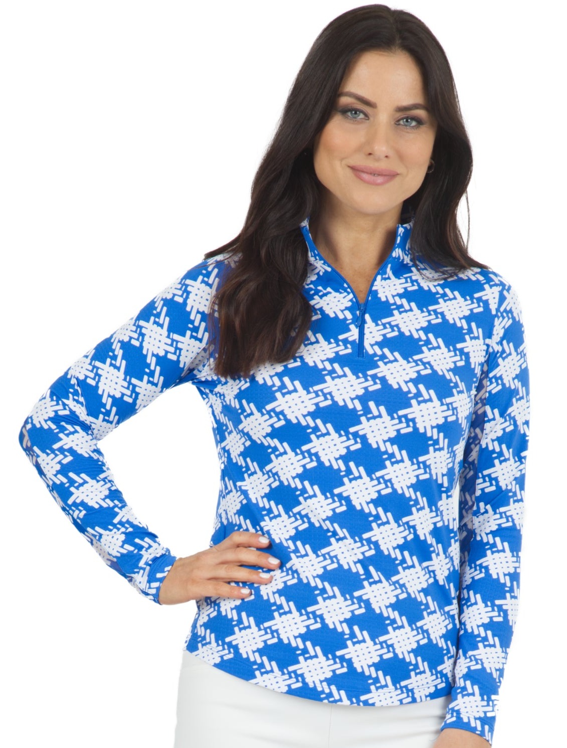 IBKUL- Long Sleeve Kimberly Blue/White Zip Mock (Style#: 10376)