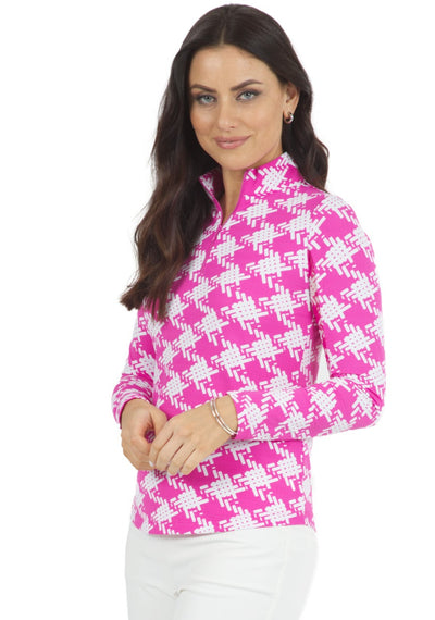 IBKUL- Long Sleeve Kimberly Hot Pink/White Zip Mock (Style#: 10376)