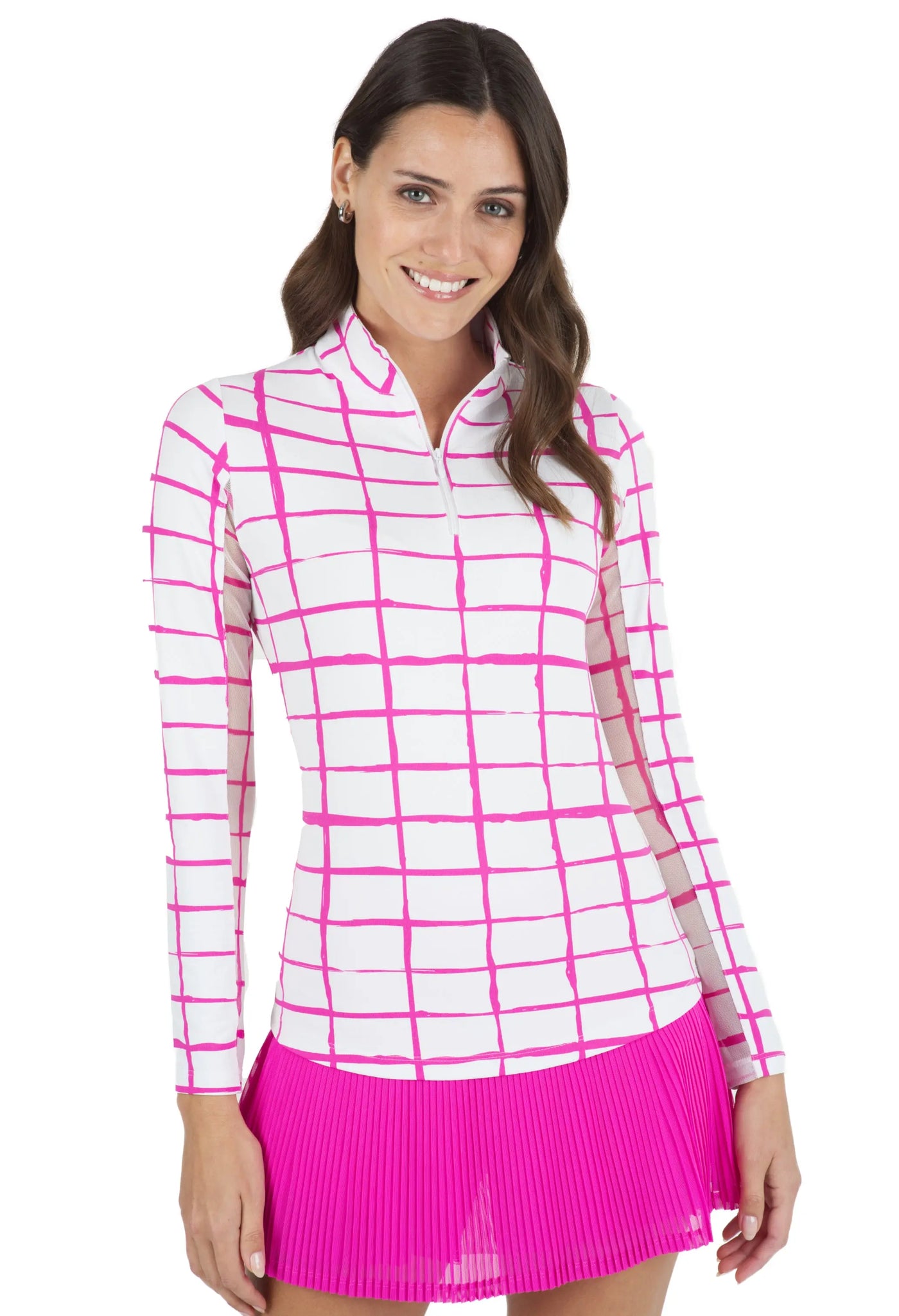 IBKUL- Long Sleeve Cordova White/Hot Pink Zip Mock (Style#: 10495)