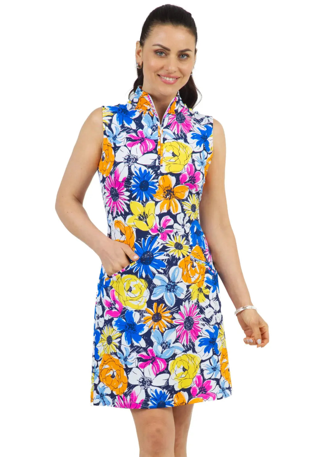 IBKUL- Sleeveless Medeline Orange Multi Zip Mock Dress (Style#: 58260)