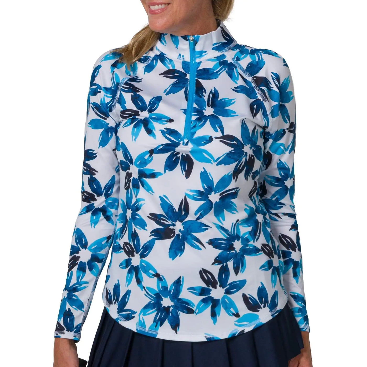 Jofit- Long Sleeve Blue Water Floral Printed UV Mock (Style#: UT0016-BWF)