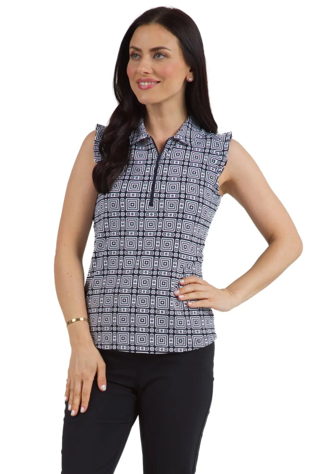 IBKUL- Pricilla Print Black/White Sleeveless w. Ruffles (Style#: 44970)