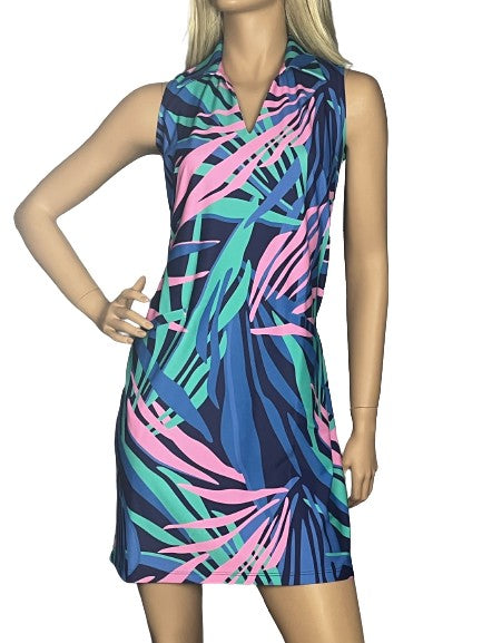 Katherine Way- St. Regis Navy & Pink Tropical Leaves Dress