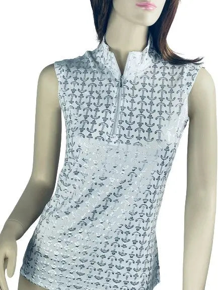 SanSoleil- Sleeveless Mock "Anchors Away" White/Silver (Style#: 900321) For the Love of Golf Naples